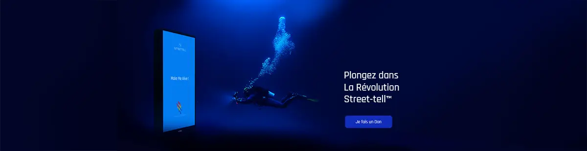 Image d'une bannière réalisée pour le projet Street-tell™ réprésentant une Street-tell dans les abysses face à un plongeur