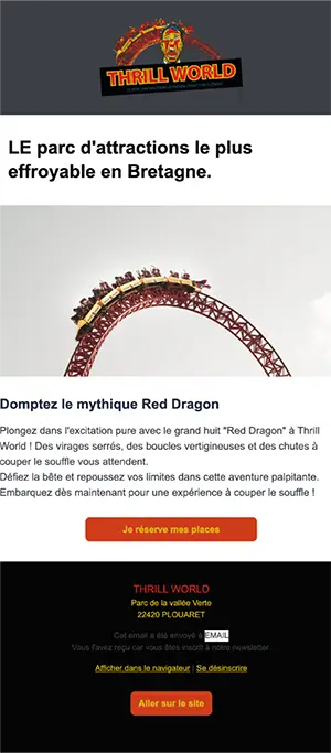 Image d'une newsletter du parc d'attractions Thrill World avec le visuel d'un train au sommet d'un grand huit