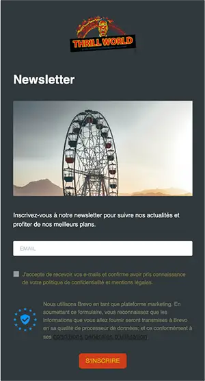 Image d'un formulaire d'inscription à la Newsletter du parc d'attractions Thrill World avec le visuel d'une grande roue islée dans un payasage désertique